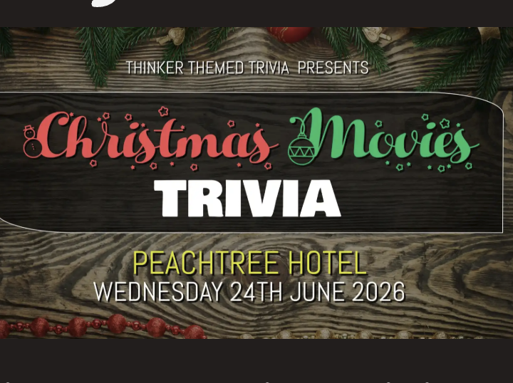 Event poster for Christmas Movies Trivia at Peachtree Hotel on Wednesday, June 24th, 2026, decorated with Christmas ornaments