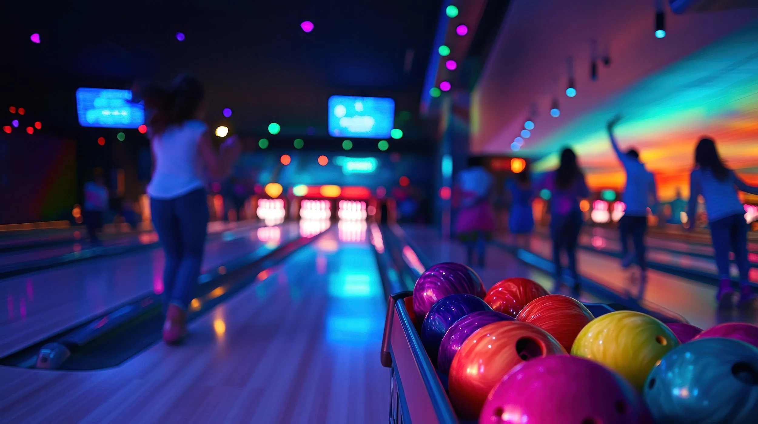 Four smiling members at a bowling alley, each holding a bowling ball, posing in front of the lanes