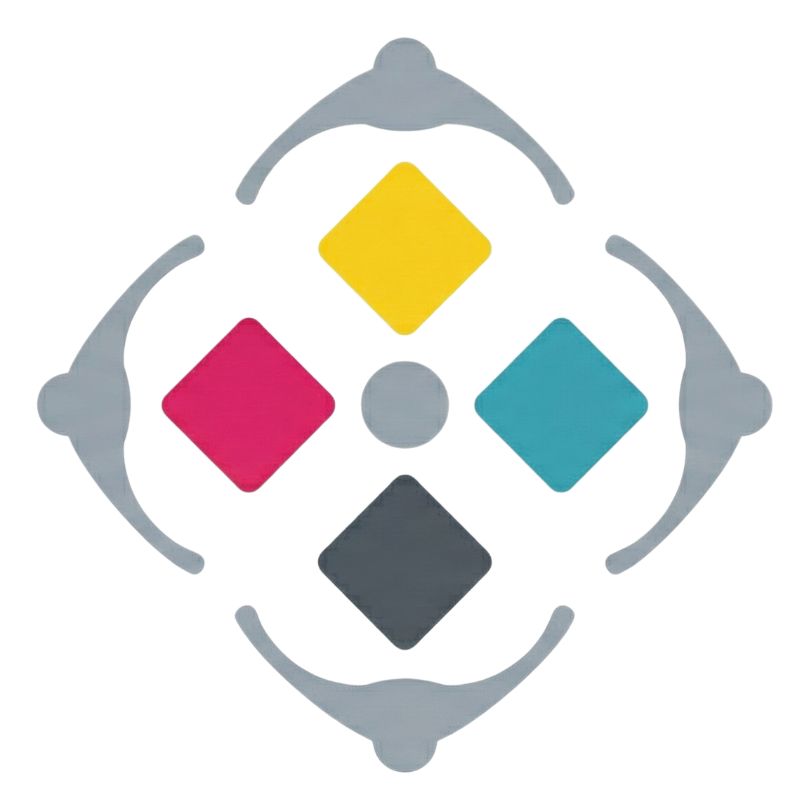 Colorful geometric shapes including a yellow square, pink diamond, blue diamond, black diamond, and a gray circle arranged in a pattern.