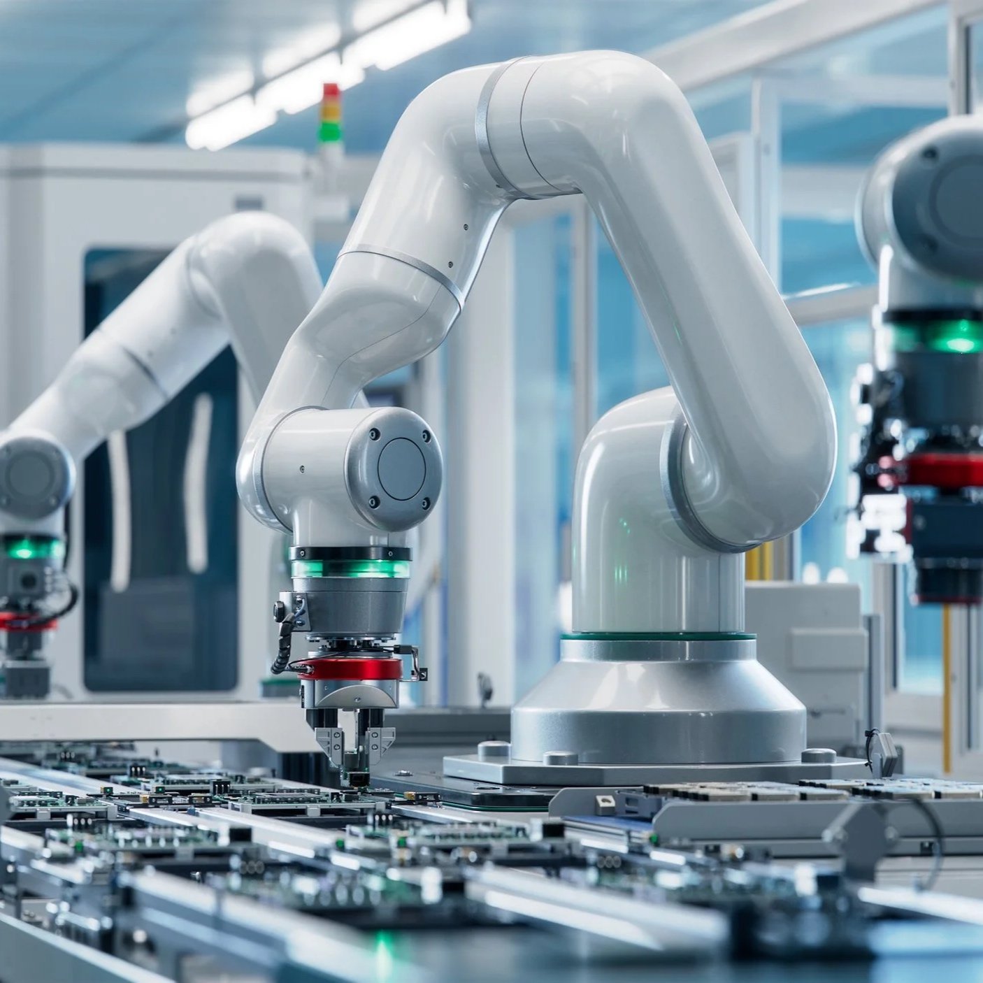Industrial robotic arms assembling electronic components on a conveyor belt in a high-tech manufacturing facility.