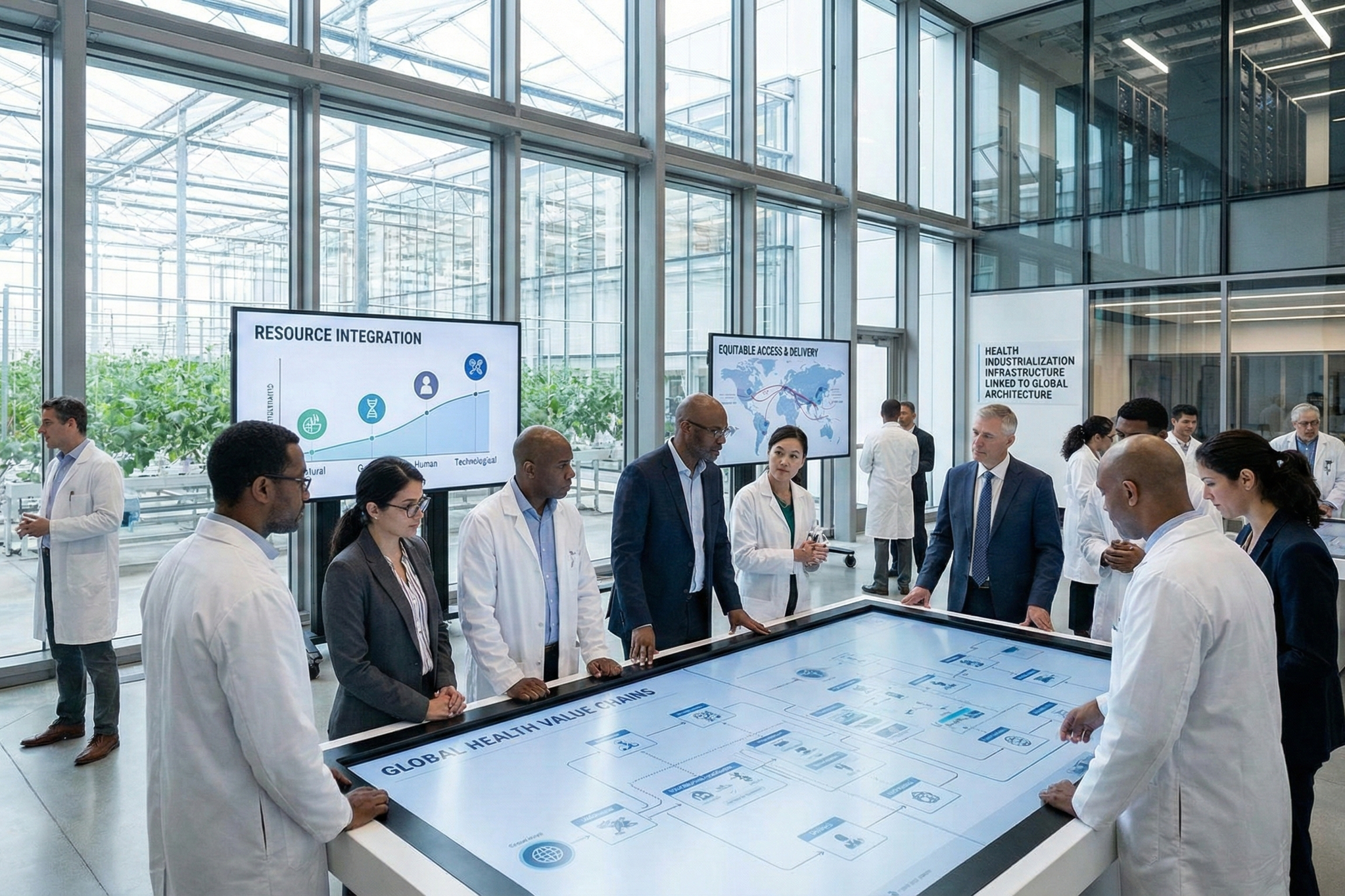 Group of professionals, including scientists and businesspeople, gathered around a large interactive digital table in a modern, glass-walled research facility or conference room, discussing health-related data and diagrams.