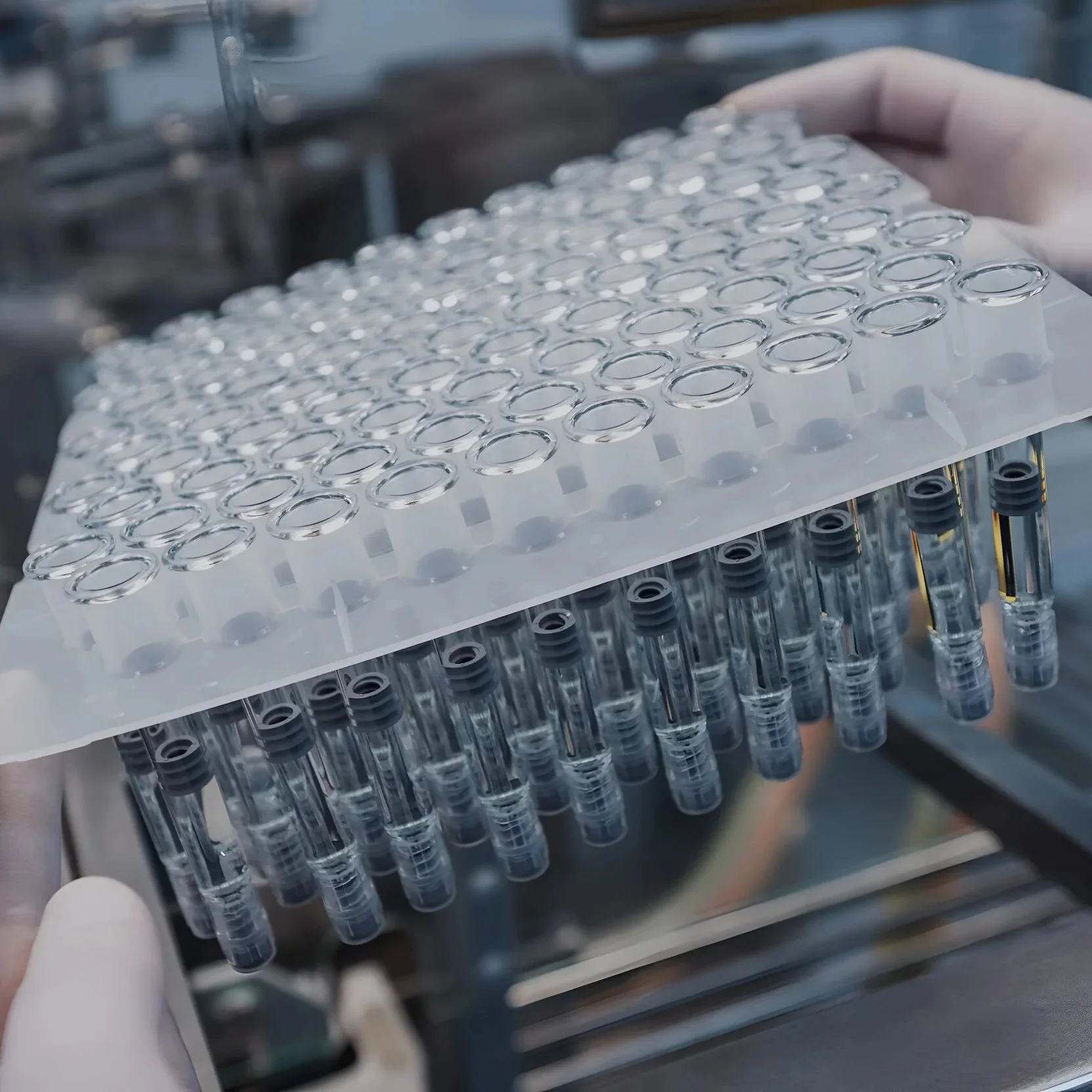 A person holding a tray with multiple small glass vials in a laboratory setting.