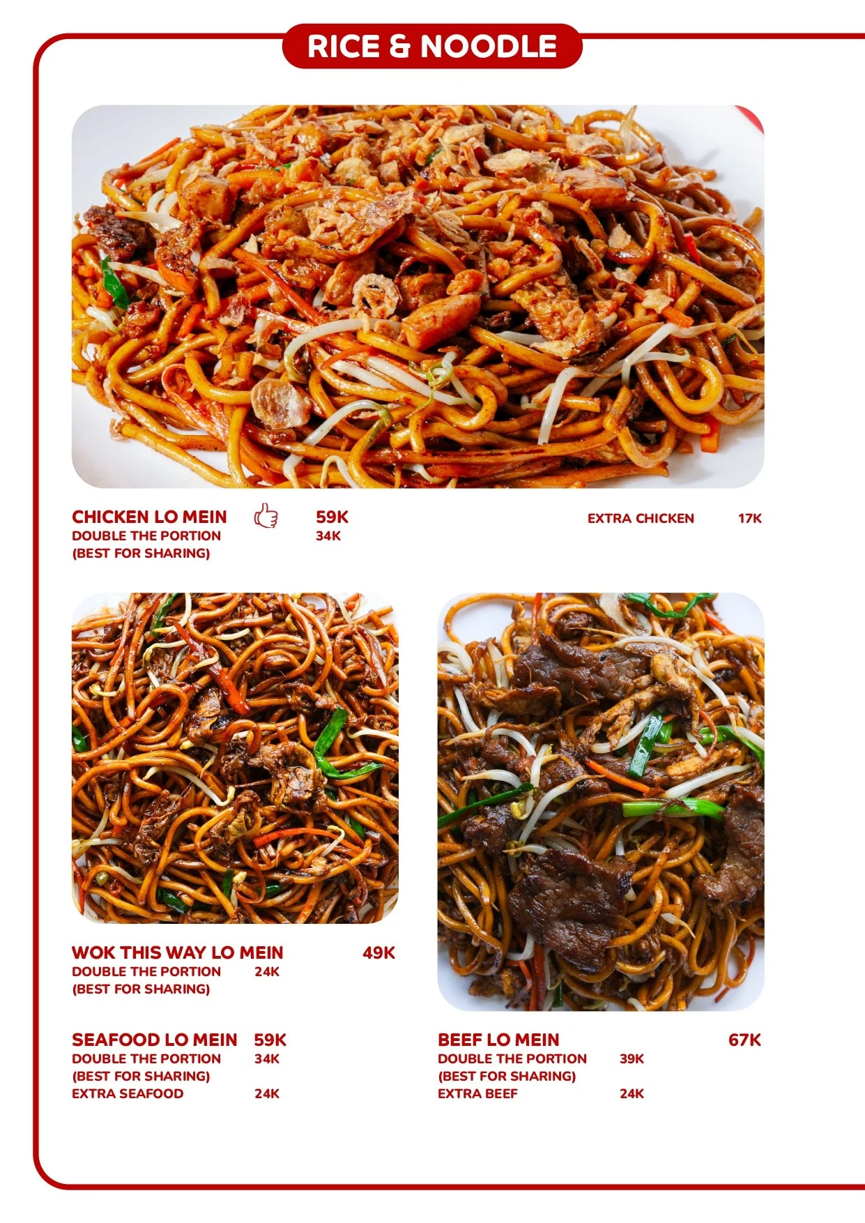 Menu featuring various rice and noodle dishes, including Chicken Lo Mein, Wok This Way Lo Mein, Seafood Lo Mein, and Beef Lo Mein, with prices listed in thousands of local currency. Best Chinese food in Canggu Bali