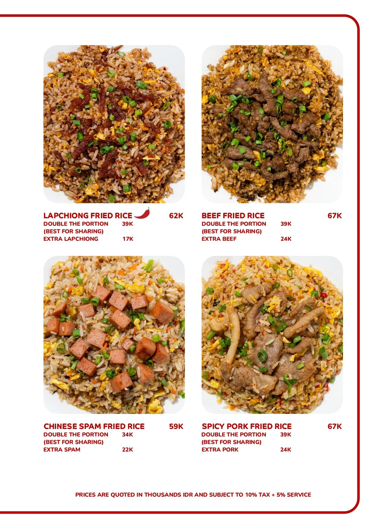 Menu displaying four types of fried rice dishes with images, prices, and descriptions, including Lapchong Fried Rice, Beef Fried Rice, Chinese Spam Fried Rice, and Spicy Pork Fried Rice. Best Chinese food in Canggu Bali