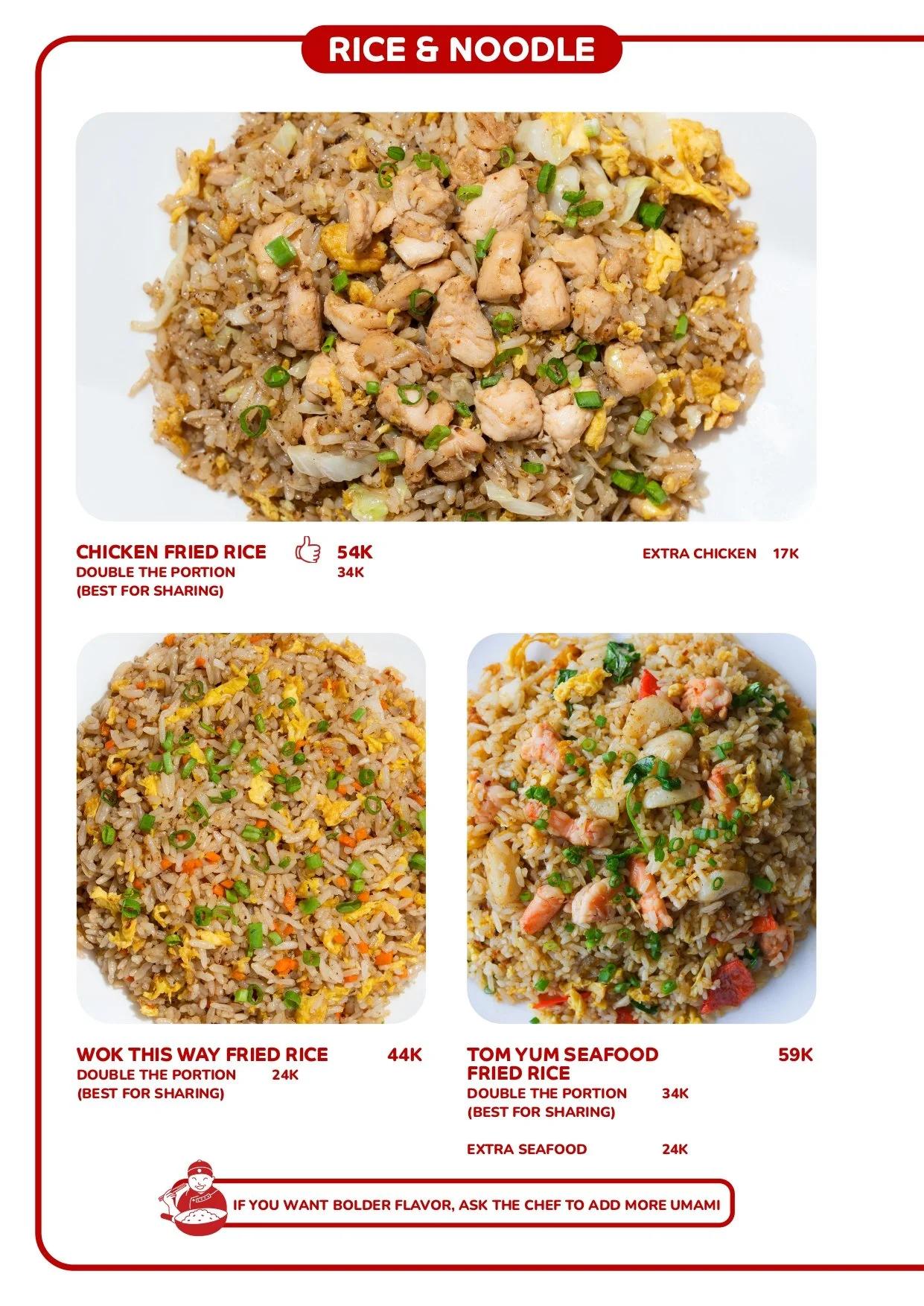 A menu featuring different types of fried rice dishes with images, including Chicken Fried Rice, Wok This Way Fried Rice, Tom Yum Seafood Fried Rice, and a plate of rice with chicken on top. Best Chinese food in Canggu Bali