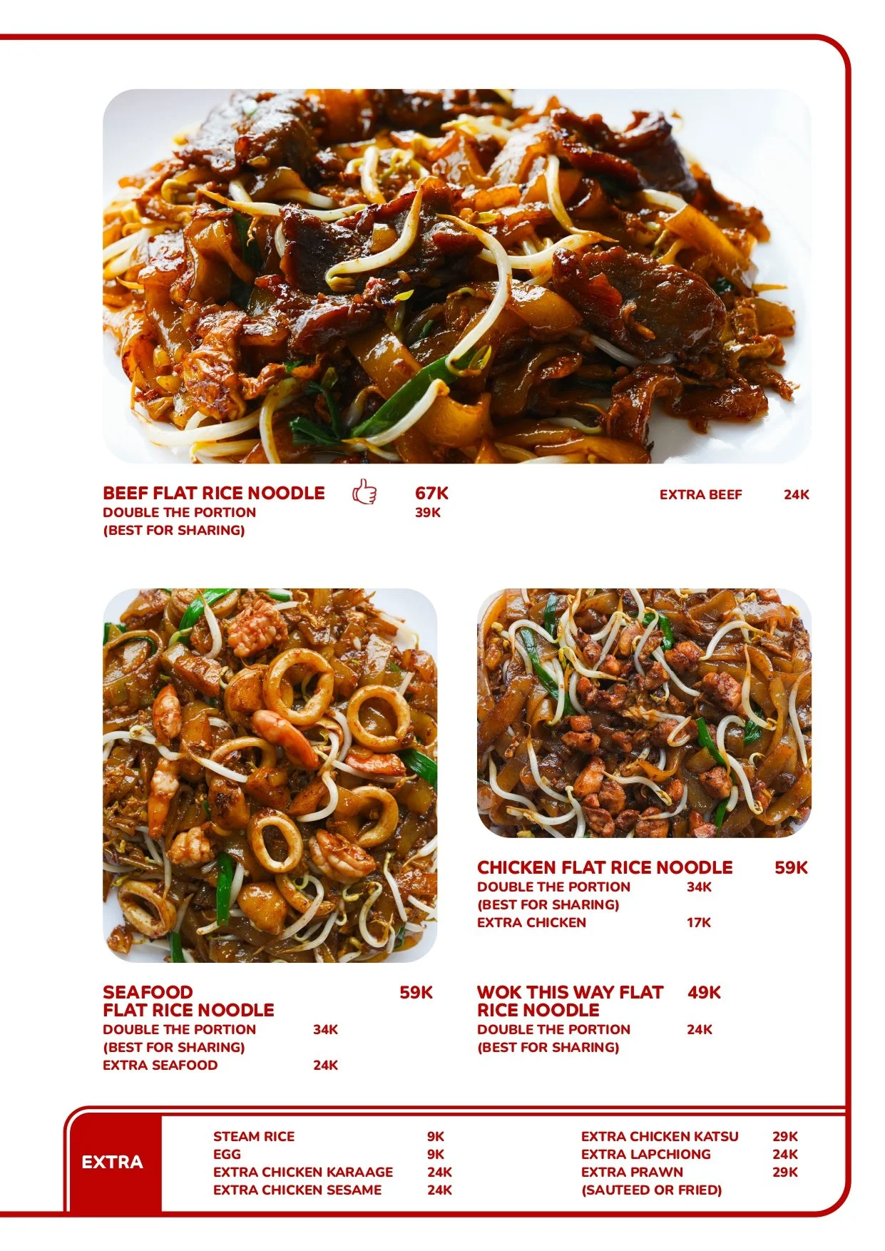 Menu showing various Asian noodle dishes, including beef flat rice noodles, chicken flat rice noodles, seafood flat rice noodles, and wok-style rice noodles, with prices and options for extra ingredients. Best Chinese food in Canggu Bali