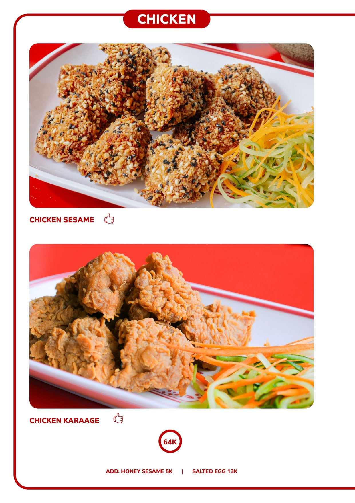 Plate of chicken sesame on a white dish with a side of shredded vegetables including carrots and cucumbers, with a red background. Best Chinese food in Canggu Bali