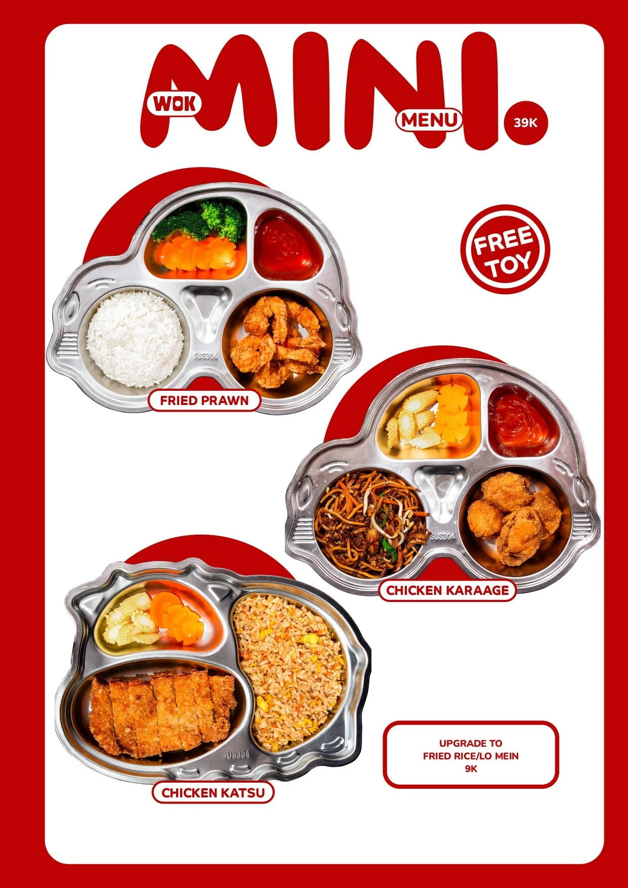 Menu featuring three compartments with Asian dishes: fried prawn, chicken karaage, and chicken katsu, each with rice, vegetables, and sauces, on a red background with white design elements. Best Chinese food in Canggu Bali