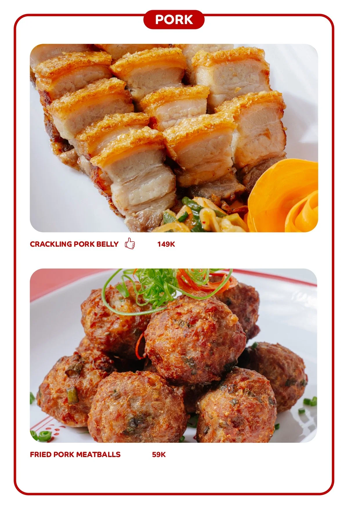 Close-up view of a plate with crispy pork belly slices garnished with pickled vegetables and a yellow flower. Below is a section of a menu featuring fried pork meatballs, shown as round, browned balls garnished with green onions and red chili slices.