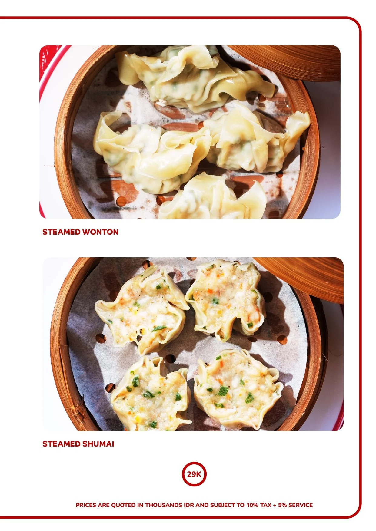 Two photos of Asian steamed dumplings, the top shows steamed wonton with a light, wrinkled wrapper, and the bottom shows steamed shumai with a yellow, open-top wrapper and visible filling, served in bamboo steamers. Best Chinese food in Canggu Bali
