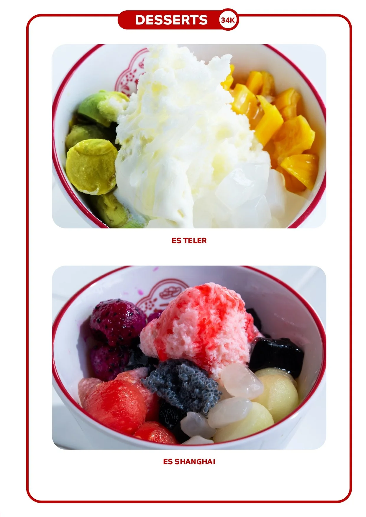 Two bowls of colorful Asian desserts, including shaved ice with various fruit toppings and sweet syrups, one labeled ES TELER and the other ES SHANGHAI. Best Chinese food in Canggu Bali