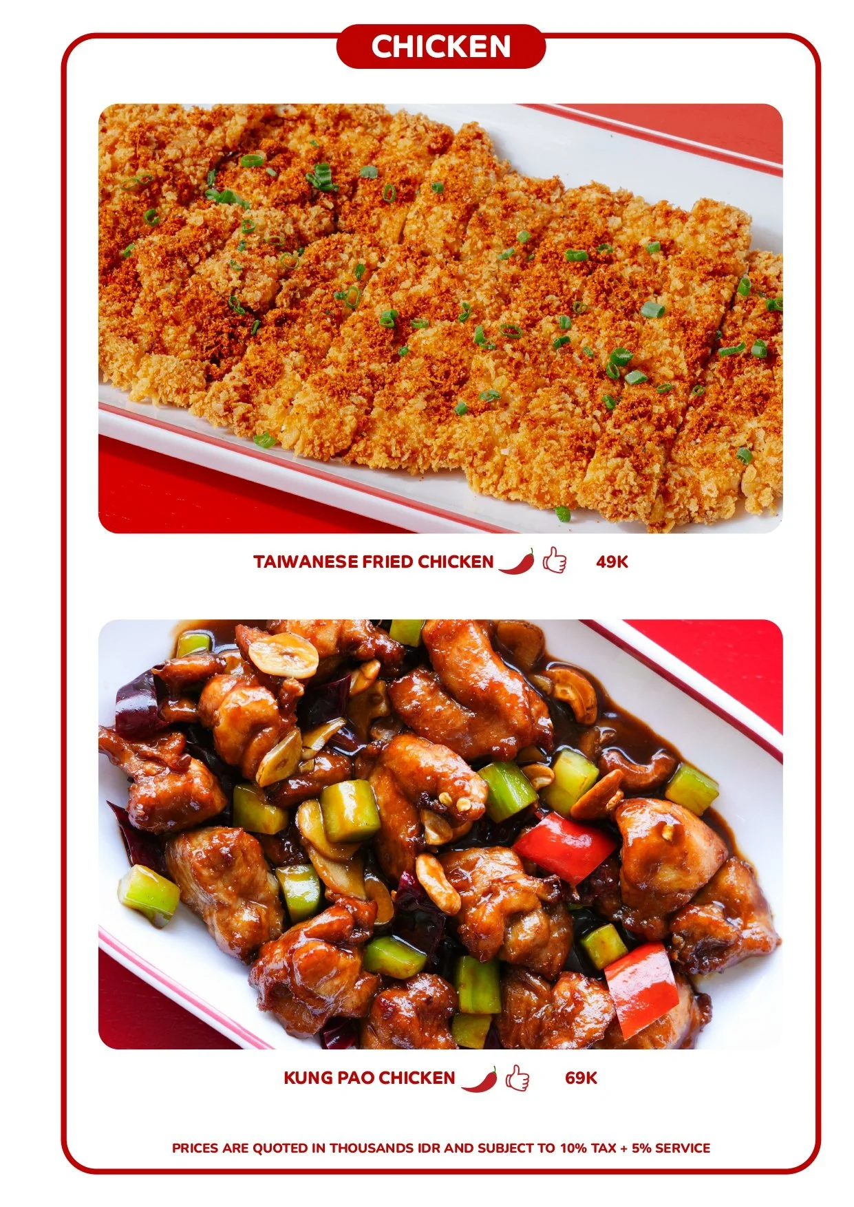 Menu showing Chinese dishes: Taiwanese fried chicken with green onions and a spicy chili pepper icon, Kung Pao chicken with green and red peppers and cashews. Prices are in thousands of Indonesian rupiah, with additional info on tax and service charges.
