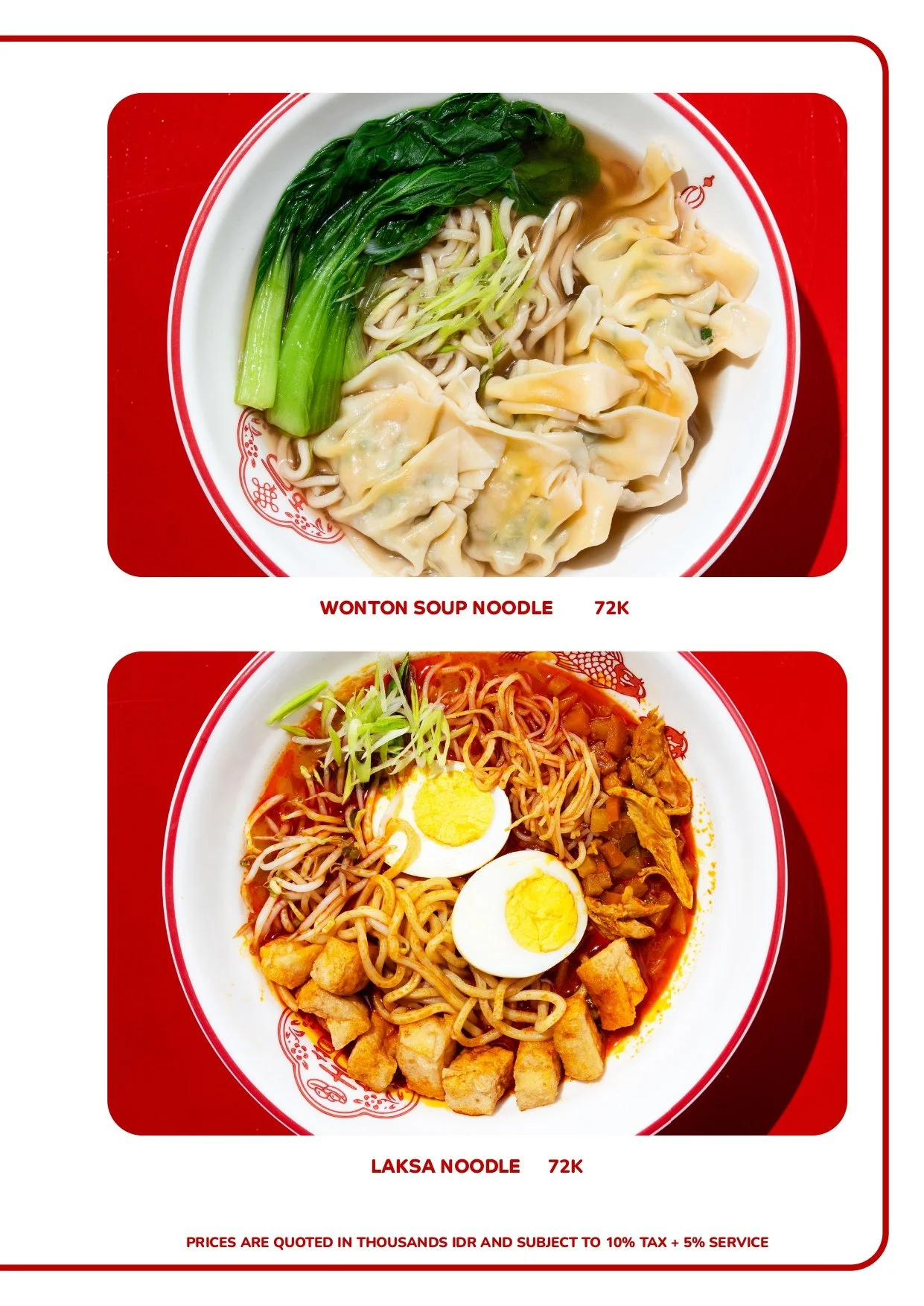 Two bowls of Asian noodles dishes on a red placemat. The top bowl contains wonton soup noodles with green leafy vegetables and noodles. The bottom bowl contains laksa noodles with hard-boiled eggs, tofu, shredded chicken, and garnished with green onions in a spicy red broth.
