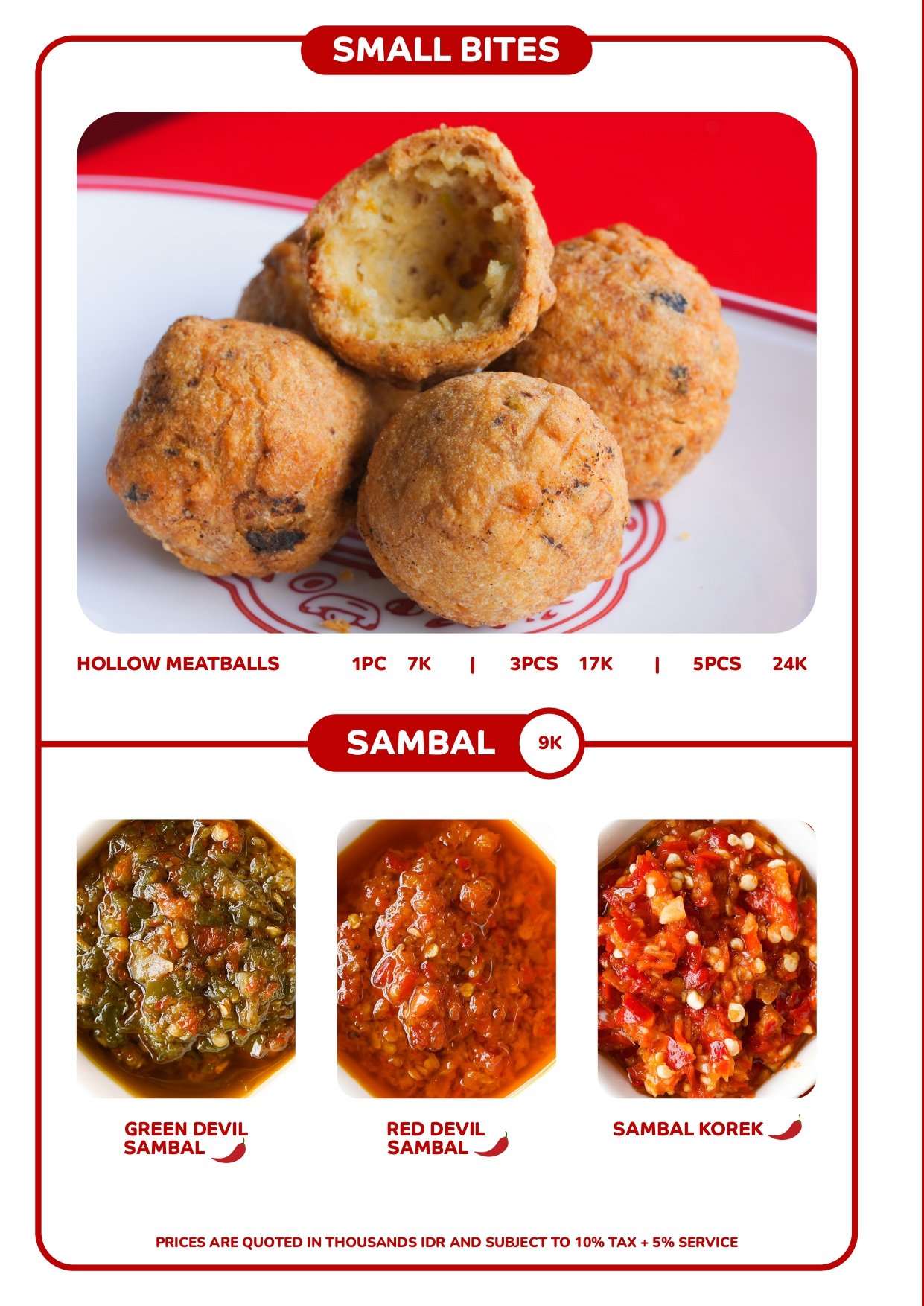 Close-up of four fried meatballs, one cut open to show cheese inside, on a red and white plate, labeled 'Small Bites' and 'Hollow Meatballs' menu. Best Chinese food in Canggu Bali