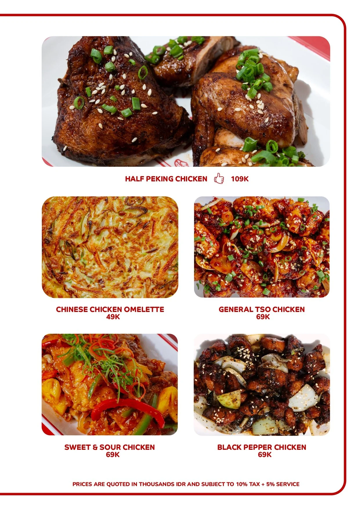 Menu with images of various Asian dishes, including half Peking chicken, Chinese chicken omelette, general Tso chicken, sweet and sour chicken, and black pepper chicken, with prices in thousands of IDR. Best Chinese food in Canggu Bali