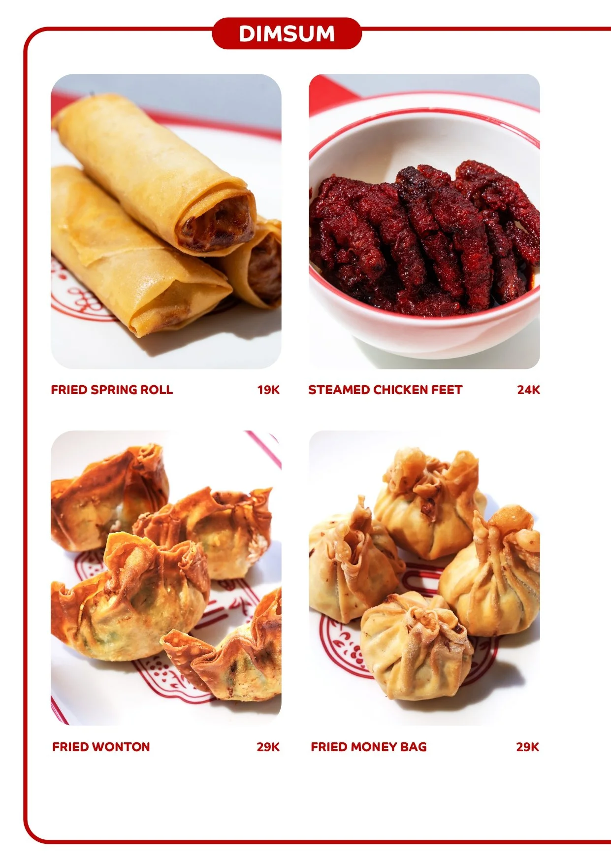 Menu featuring four Asian dishes with prices: fried spring roll, steamed chicken feet, fried wonton, and fried money bag. Best Chinese food in Canggu Bali