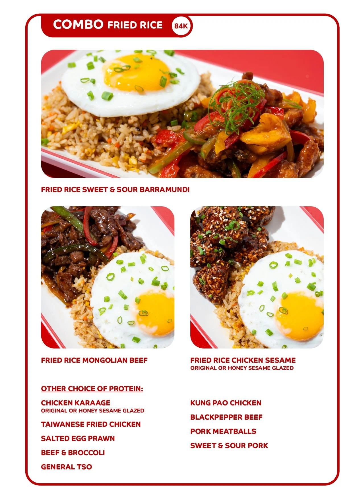 A menu showcasing three rice dishes with fried eggs on top, including fried rice sweet and sour Barramundi, Mongolian beef, and chicken sesame, with a list of other protein options like chicken karaage, Taiwanese fried chicken, salted egg prawn, beef and broccoli, and more.