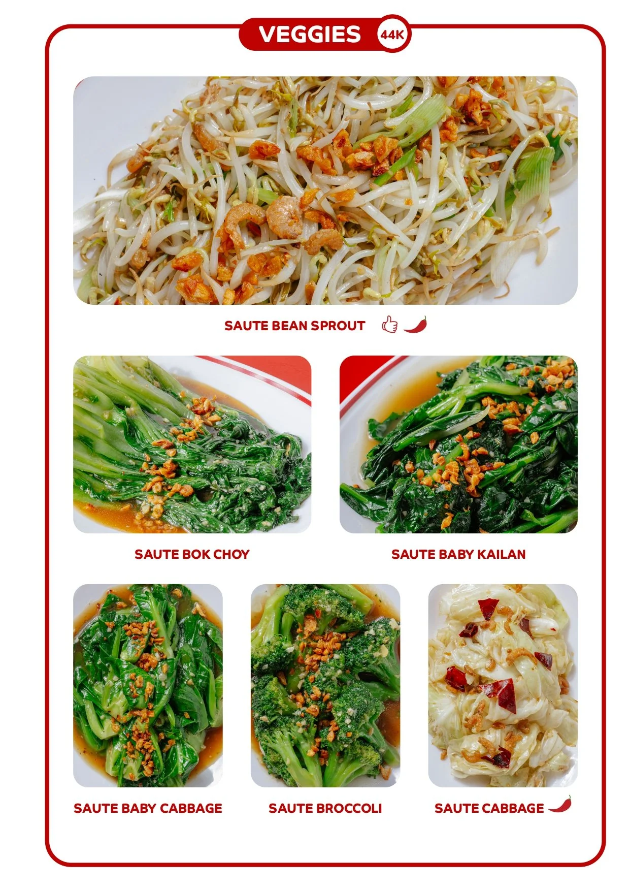 A menu featuring various Asian vegetable dishes with images and labels. The top dish is Saute Bean Sprout, followed by Saute Bok Choy, Saute Baby Kailan, Saute Baby Cabbage, Saute Broccoli, and Saute Cabbage. Each dish is garnished with chopped garlic or similar seasonings.
