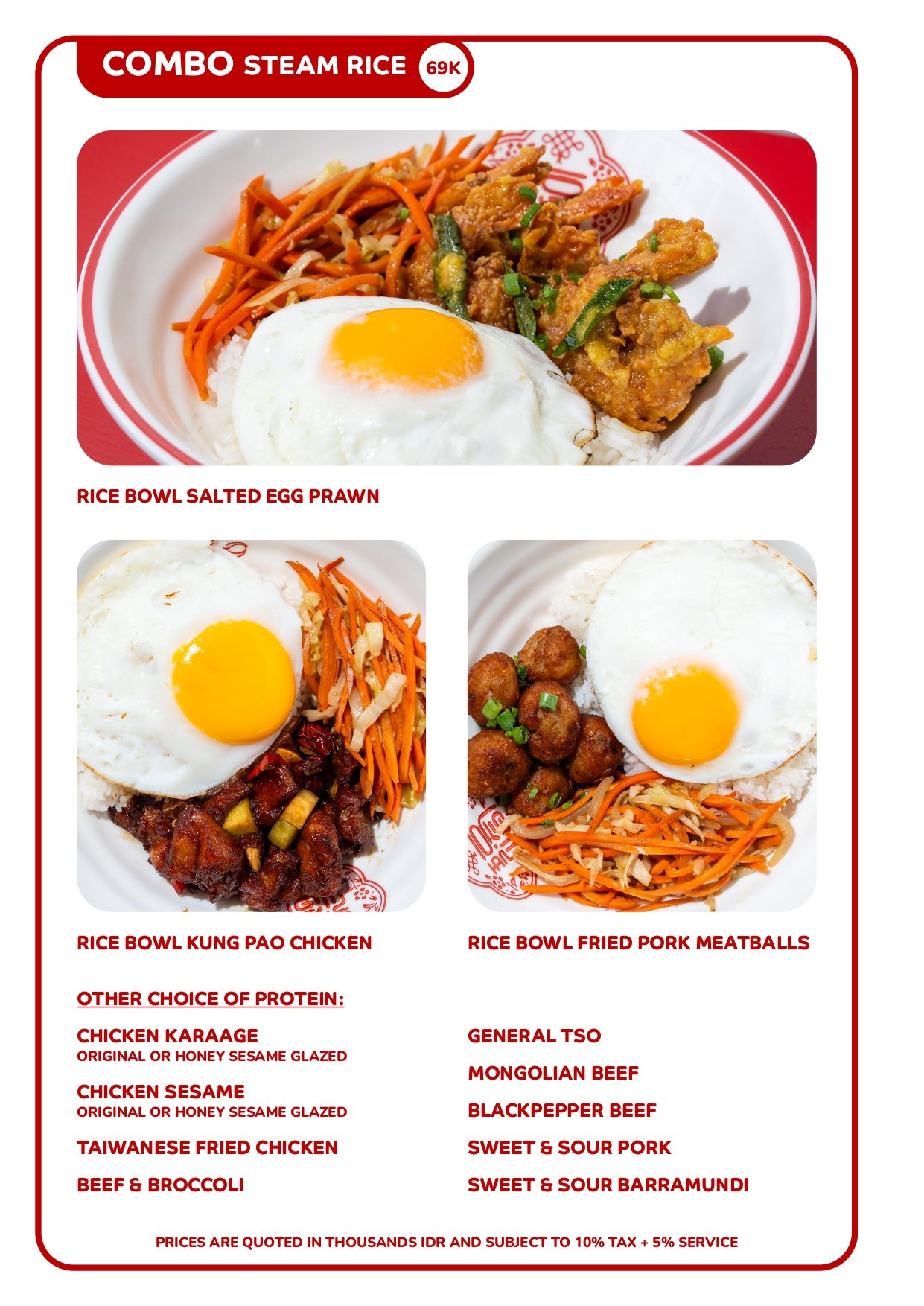 Menu displaying three different Asian rice bowl dishes: steamed rice with salted egg prawn, kung pao chicken, and fried pork meatballs, each topped with a fried egg, along with a list of additional protein options. Best Chinese food in Canggu Bali