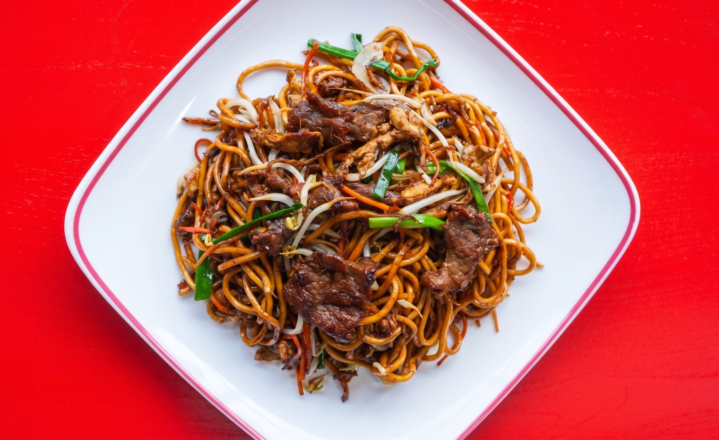 A mouth-watering plate of Beef Lo Mien from WOK This Way, featuring smoky stir-fried noodles with tender beef slices and fresh vegetables, the perfect choice for the best Chinese food in Canggu Bali
