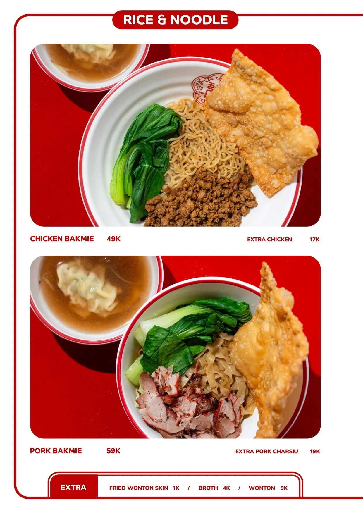 Menu featuring rice and noodle dishes with images of chicken bakmie with green vegetables, minced meat, and fried chicken, alongside pork bakmie with sliced pork, green vegetables, and fried pork charsiu. Best Chinese food in Canggu Bali