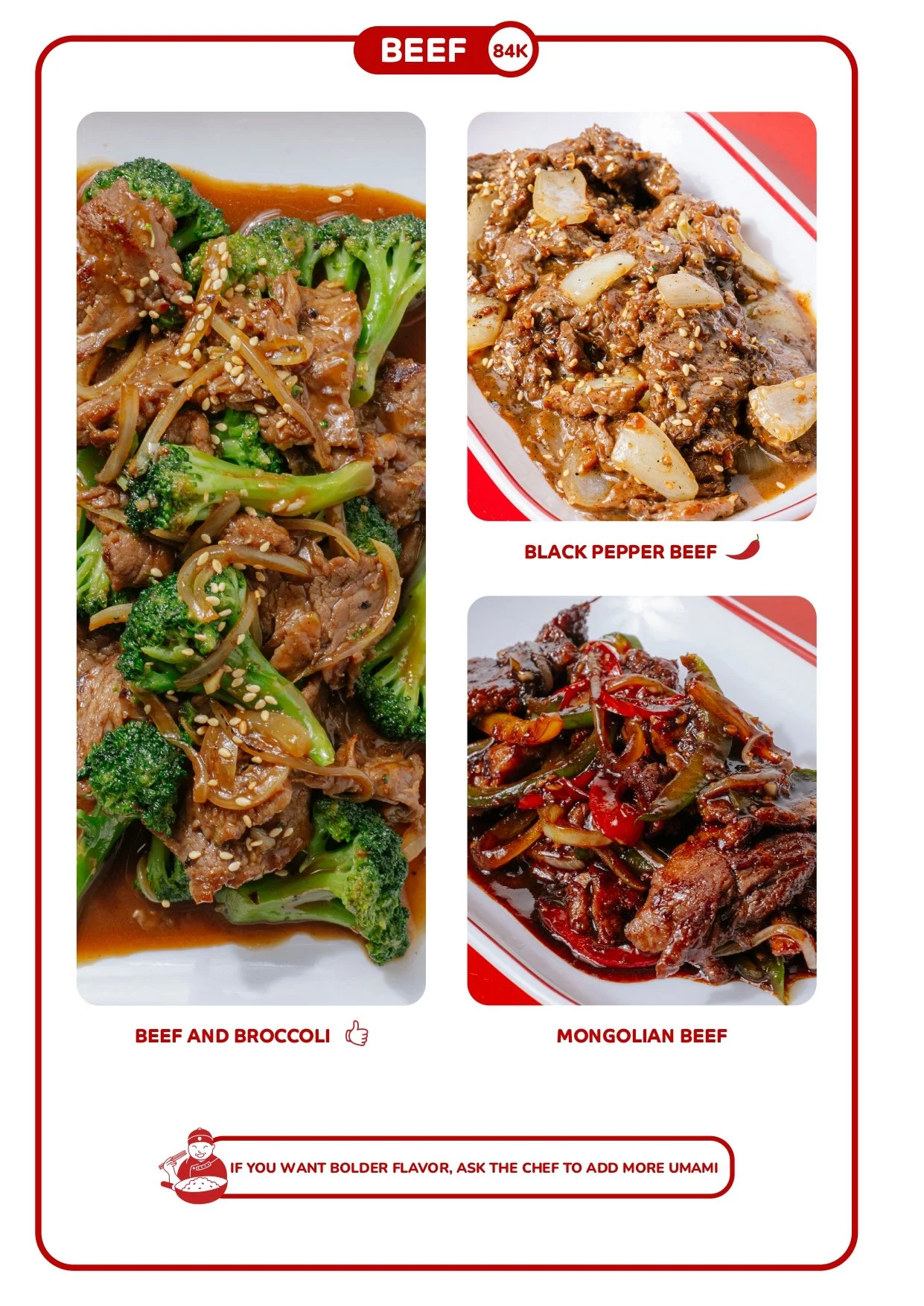 A menu with four types of beef dishes: beef and broccoli, black pepper beef, Mongolian beef, and an unlabeled dish. The dishes are presented on white plates and garnished with sesame seeds or vegetables. Best Chinese food in Canggu Bali