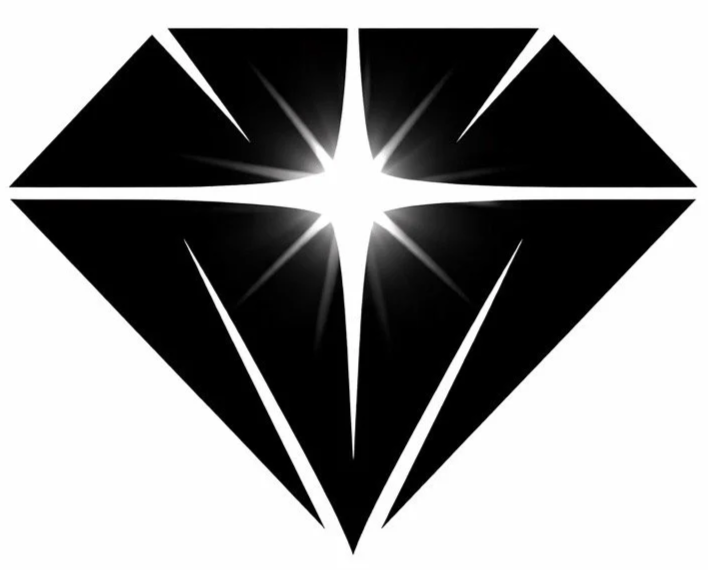 Black and white geometric design resembling a diamond or gemstone with a central light reflection.
