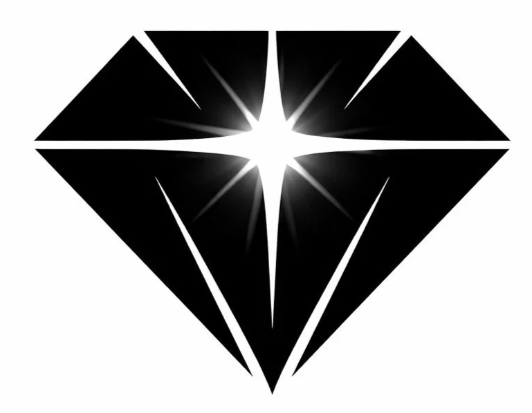 A black and white stylized diamond shape with a bright starburst in the center.