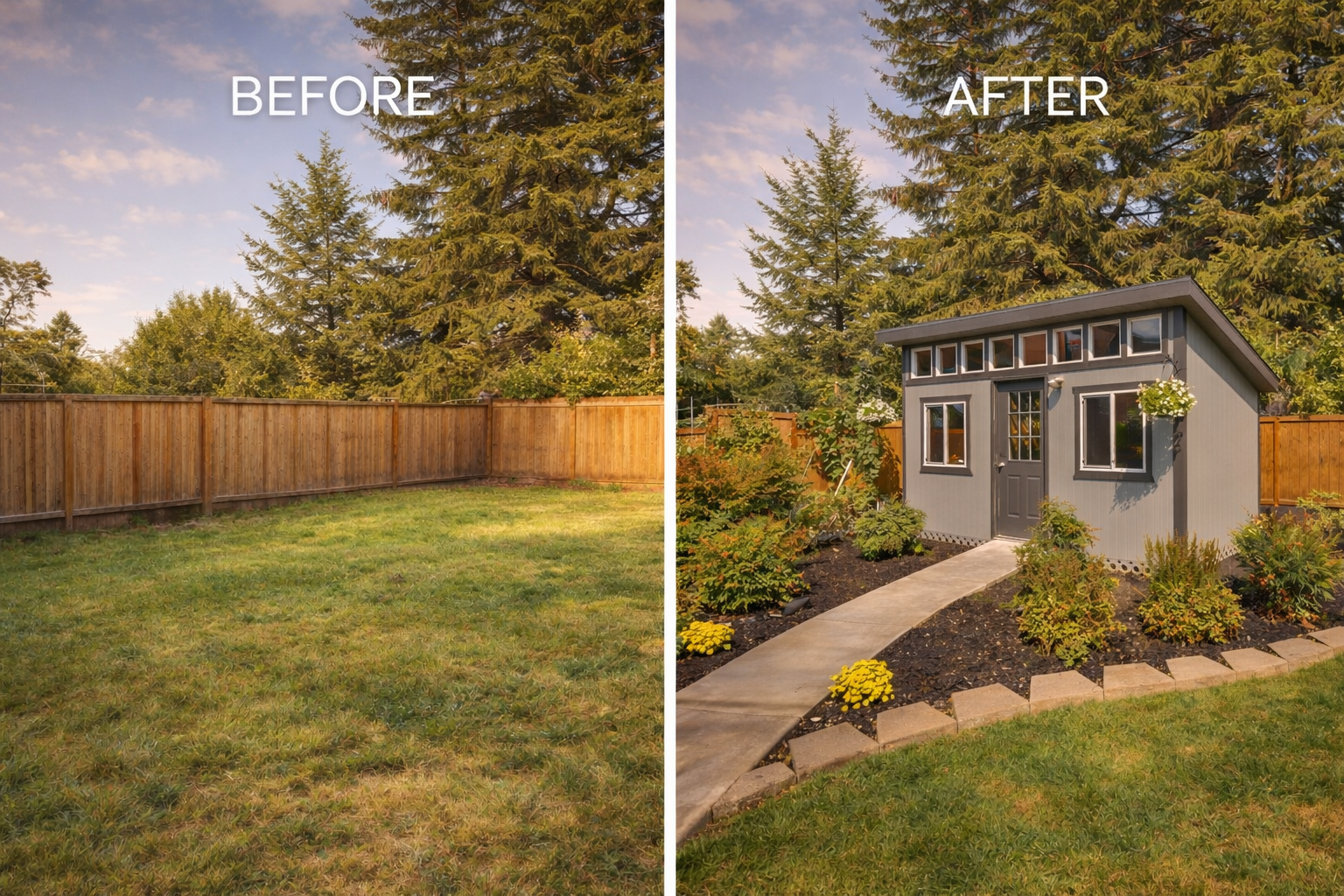 Before and after view of a backyard transformed with a custom shed designed, delivered, and installed by ShedPros