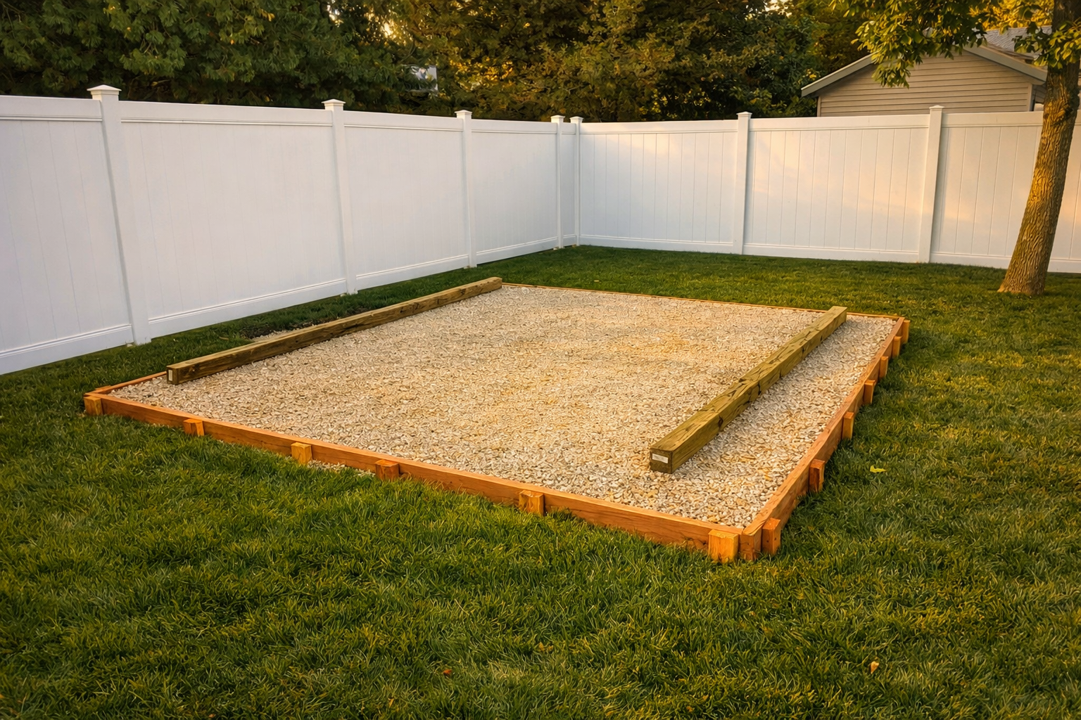 ShedPros preparing a compacted gravel foundation pad for a custom shed installation in a fenced backyard in Thurston County, Washington
