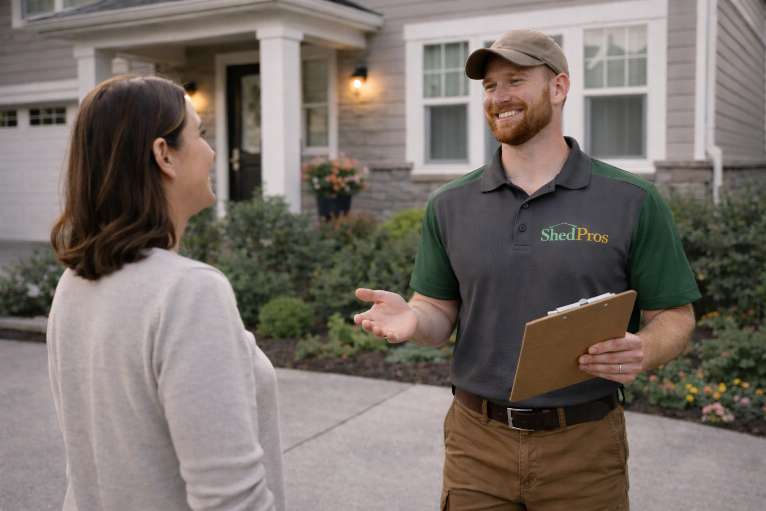 ShedPros crew member reviewing safety and placement details with a homeowner before starting a shed installation