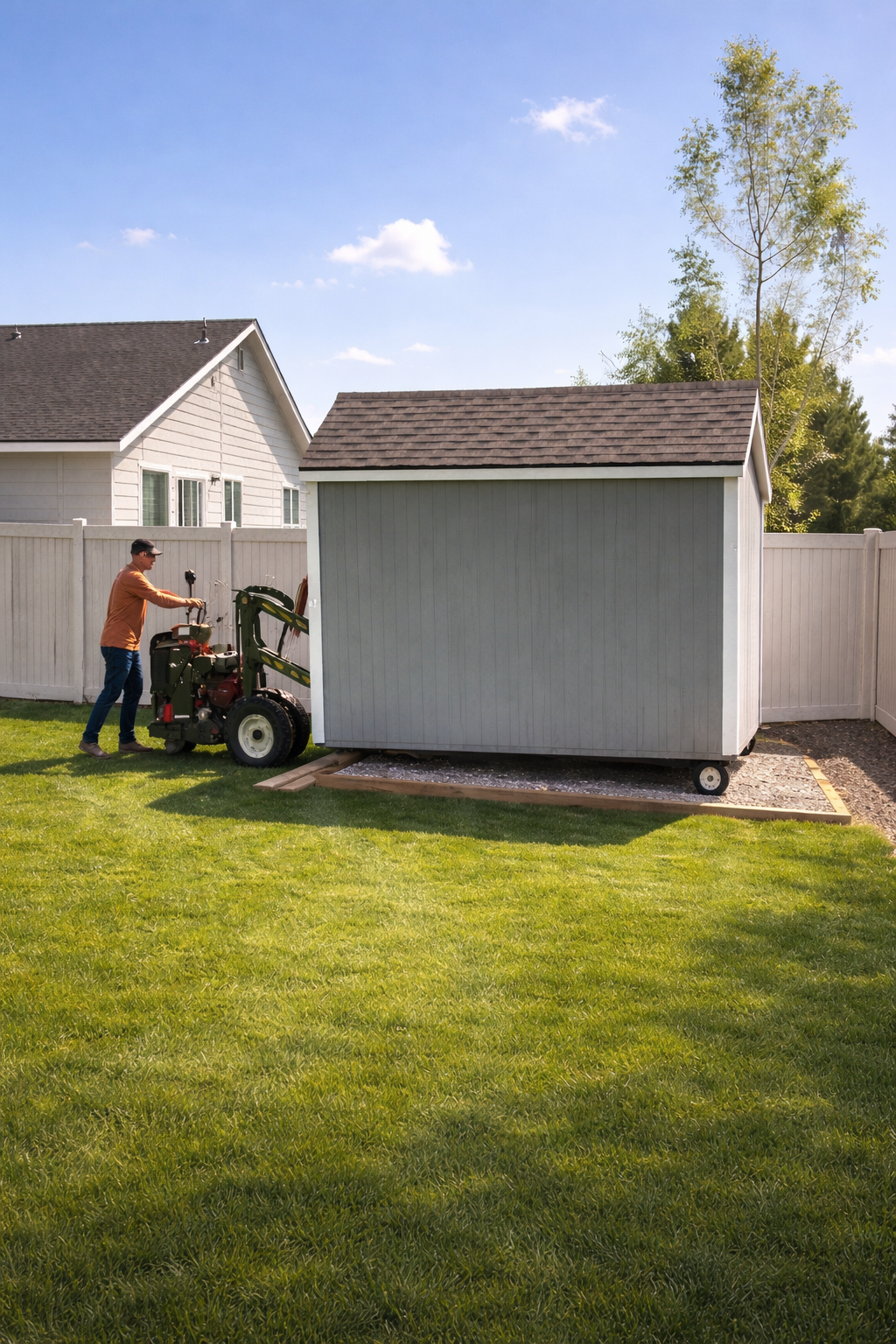 ShedPros moving and re-leveling a shed onto a gravel pad as part of professional shed repair service