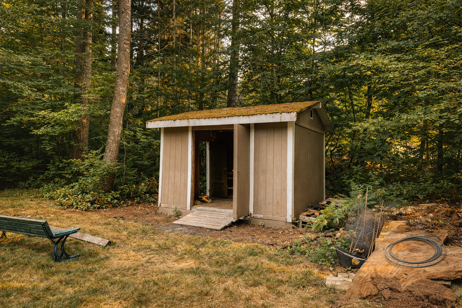 Old storage shed on a wooded property before removal by ShedPros as part of site clearing and preparation for a new shed