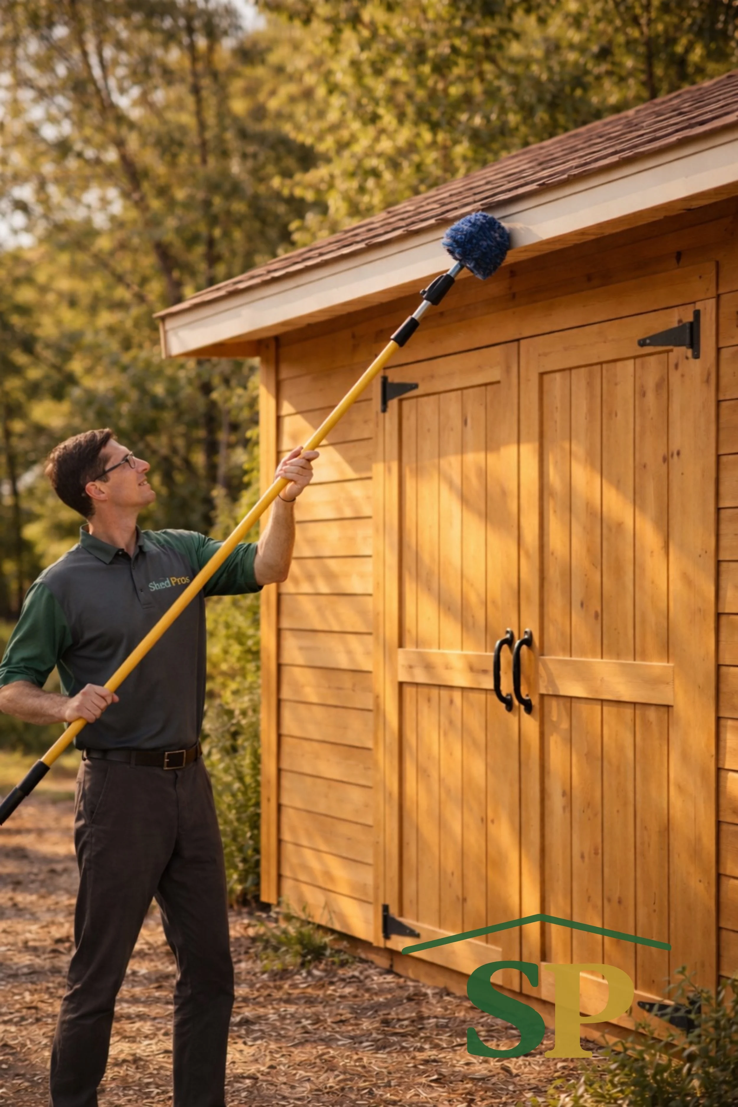 ShedPros team member cleaning and inspecting a newly built wooden shed as part of jobsite hygiene and professional appearance standards