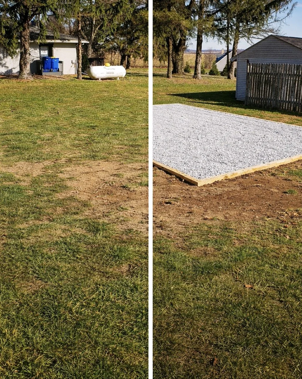 Before and after view of a ShedPros gravel foundation pad installation, showing yard preparation and a level, compacted base ready for a custom shed