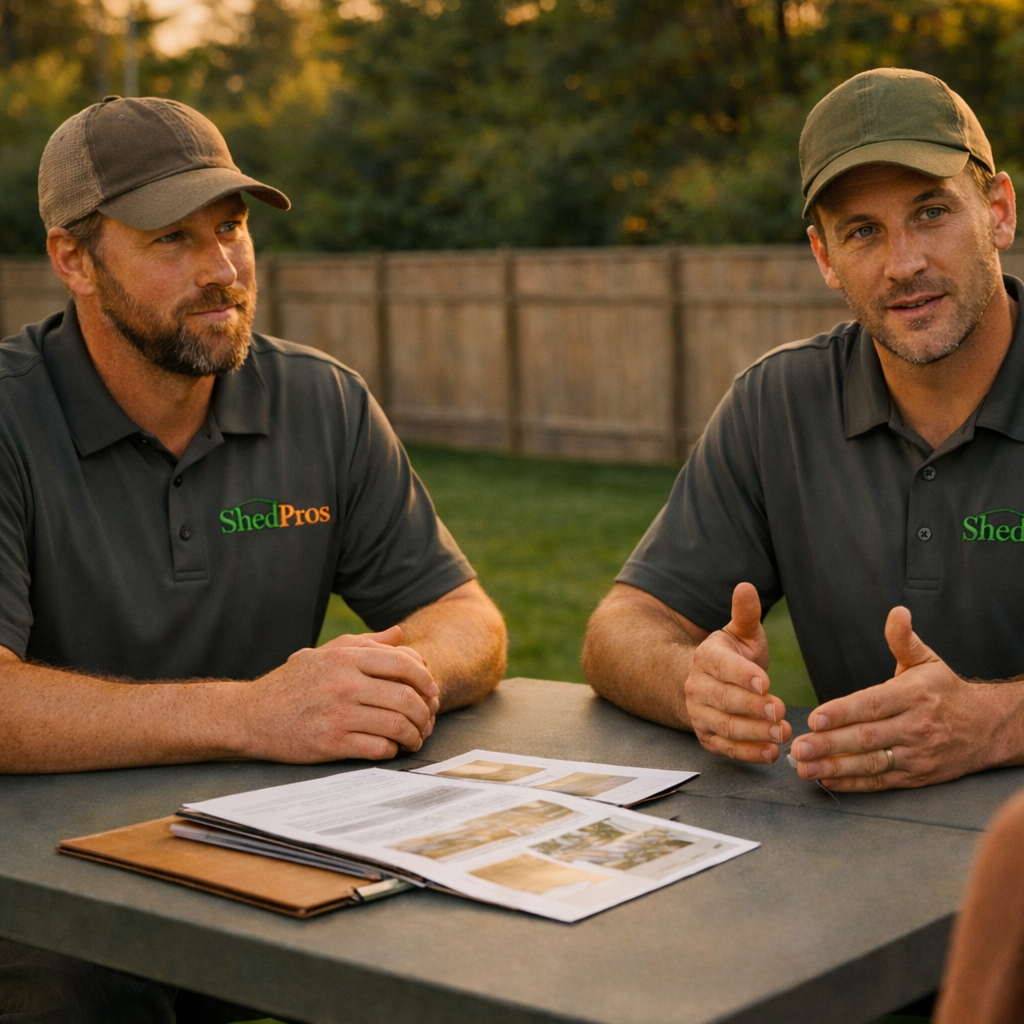 ShedPros consultants meeting with a homeowner to review shed options and explain differences between professional shed companies and drop-and-go dealers