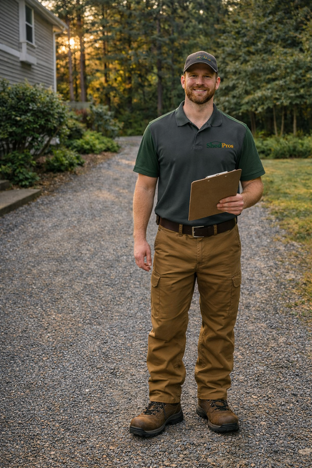 ShedPro standing on a customer’s property with clipboard during a professional shed site consultation in Thurston County