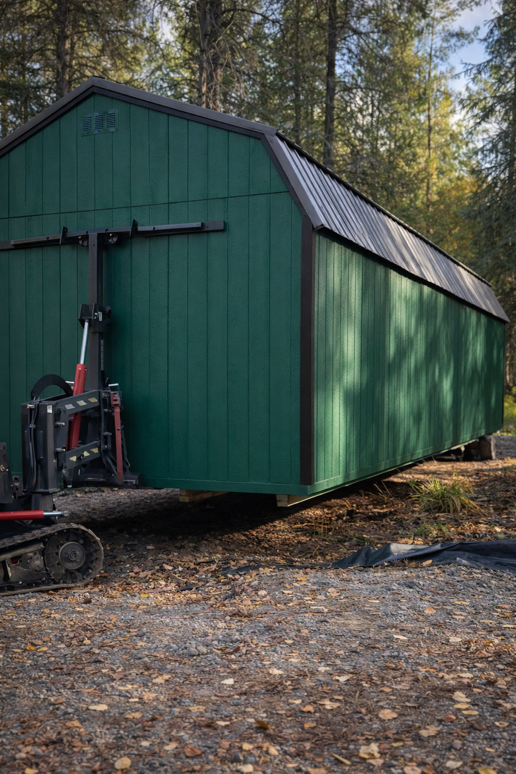 ShedPros using a professional shed mover to deliver and precisely place a custom shed in a wooded residential property