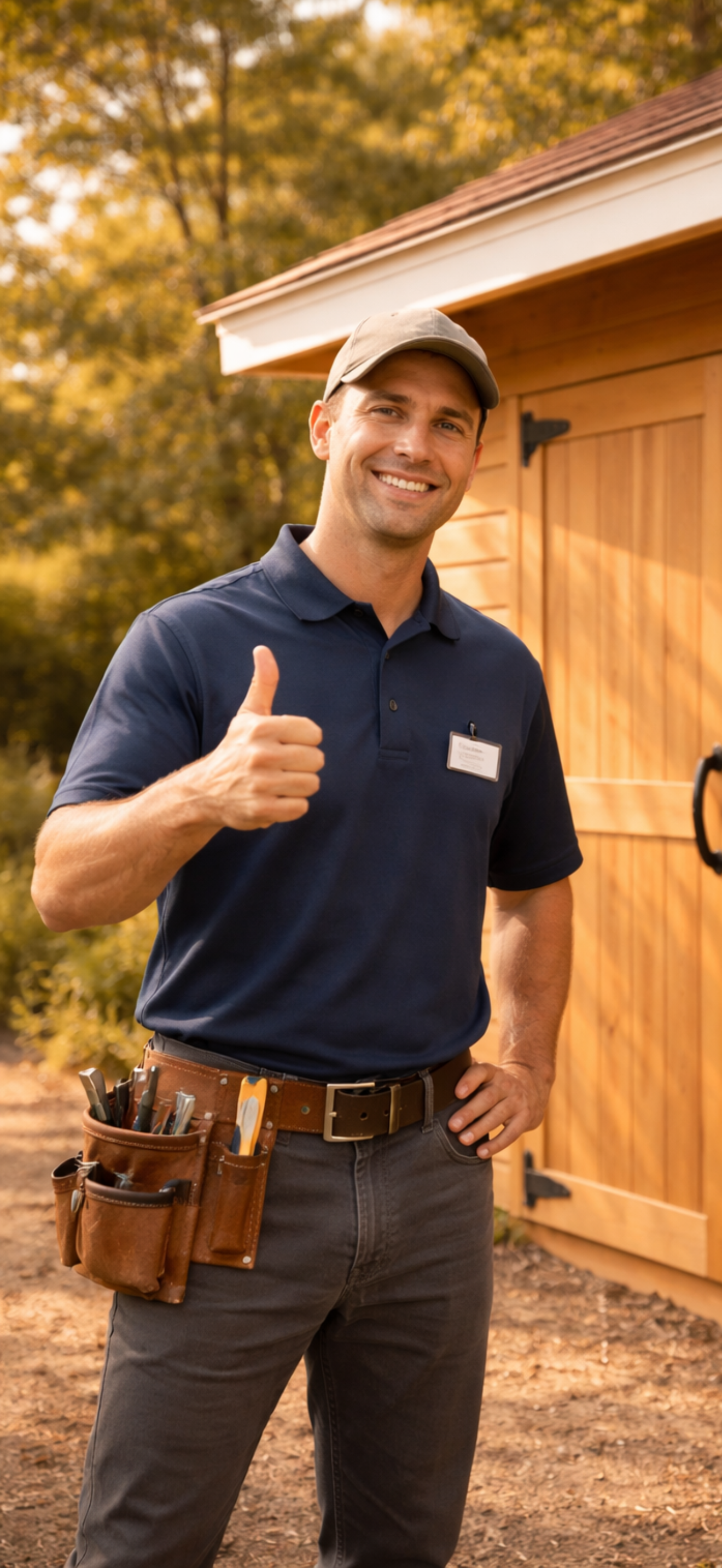 ShedPros team member greeting a homeowner at the job site while standing in front of a newly built shed