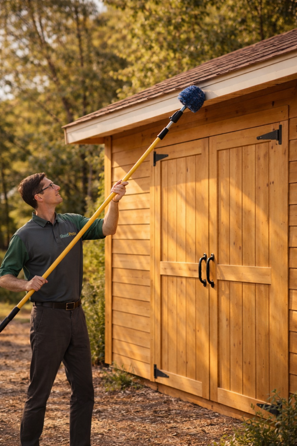 ShedPros performing professional shed maintenance as part of long-term warranty and care service