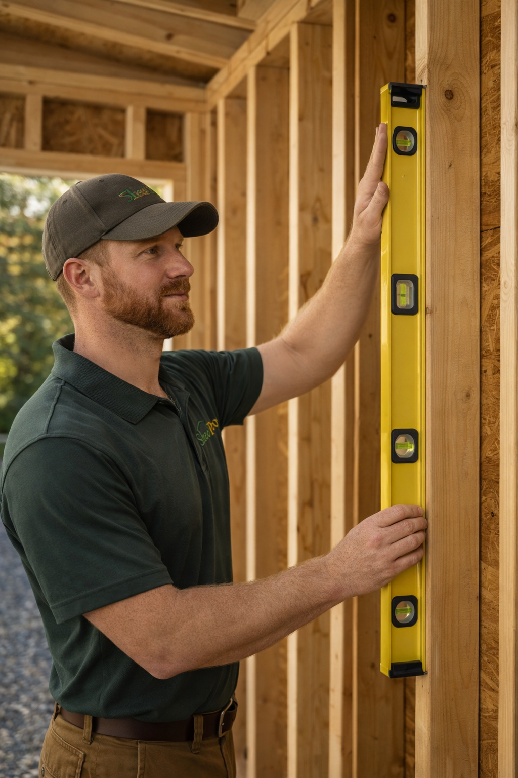 ShedPro carefully leveling a framed shed wall during professional shed construction to ensure precision and long-term durability