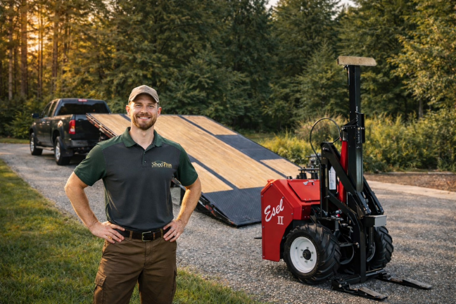 ShedPros delivery specialist standing beside professional shed moving equipment and trailer