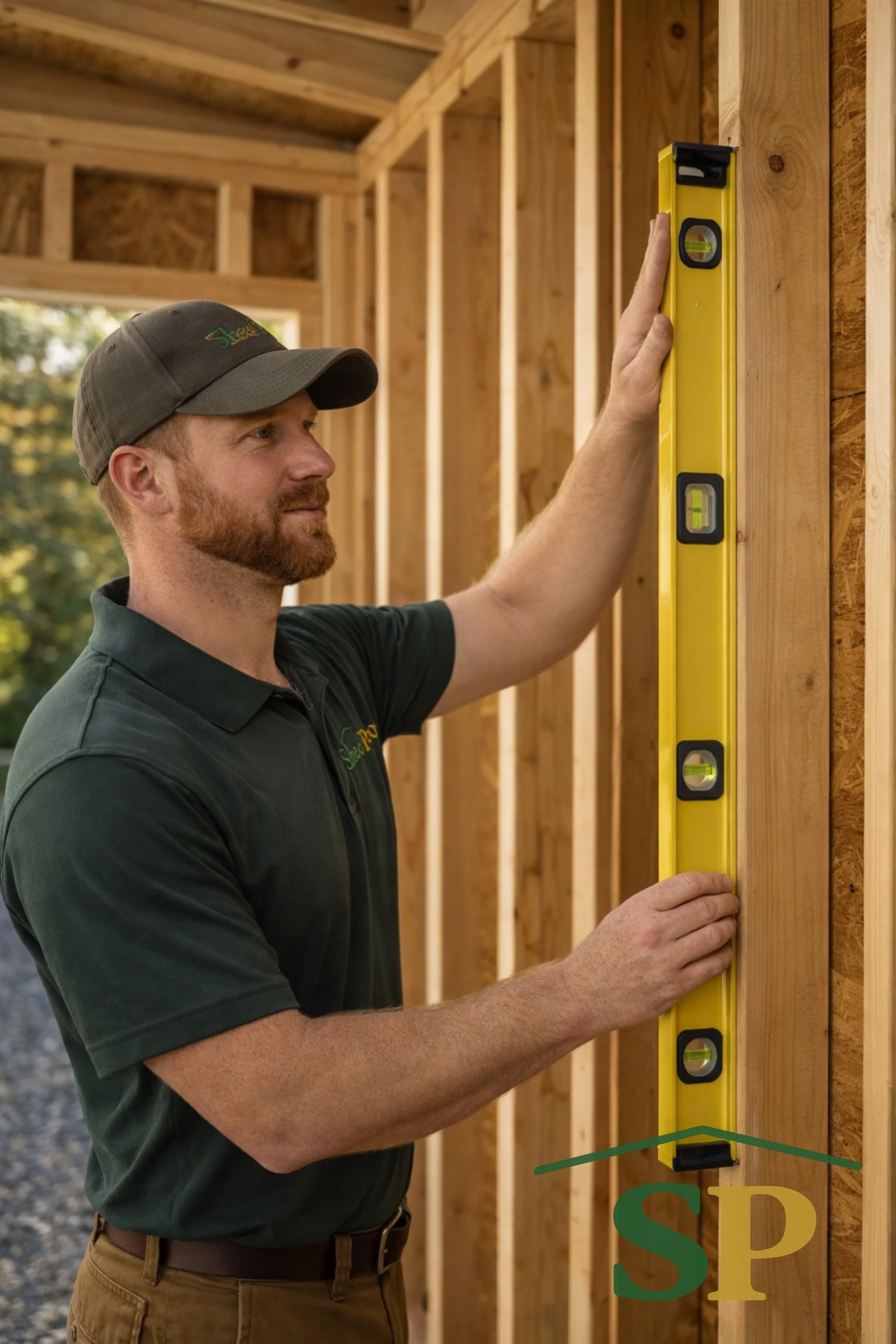 ShedPros professional shed builder checking wall level during custom shed construction
