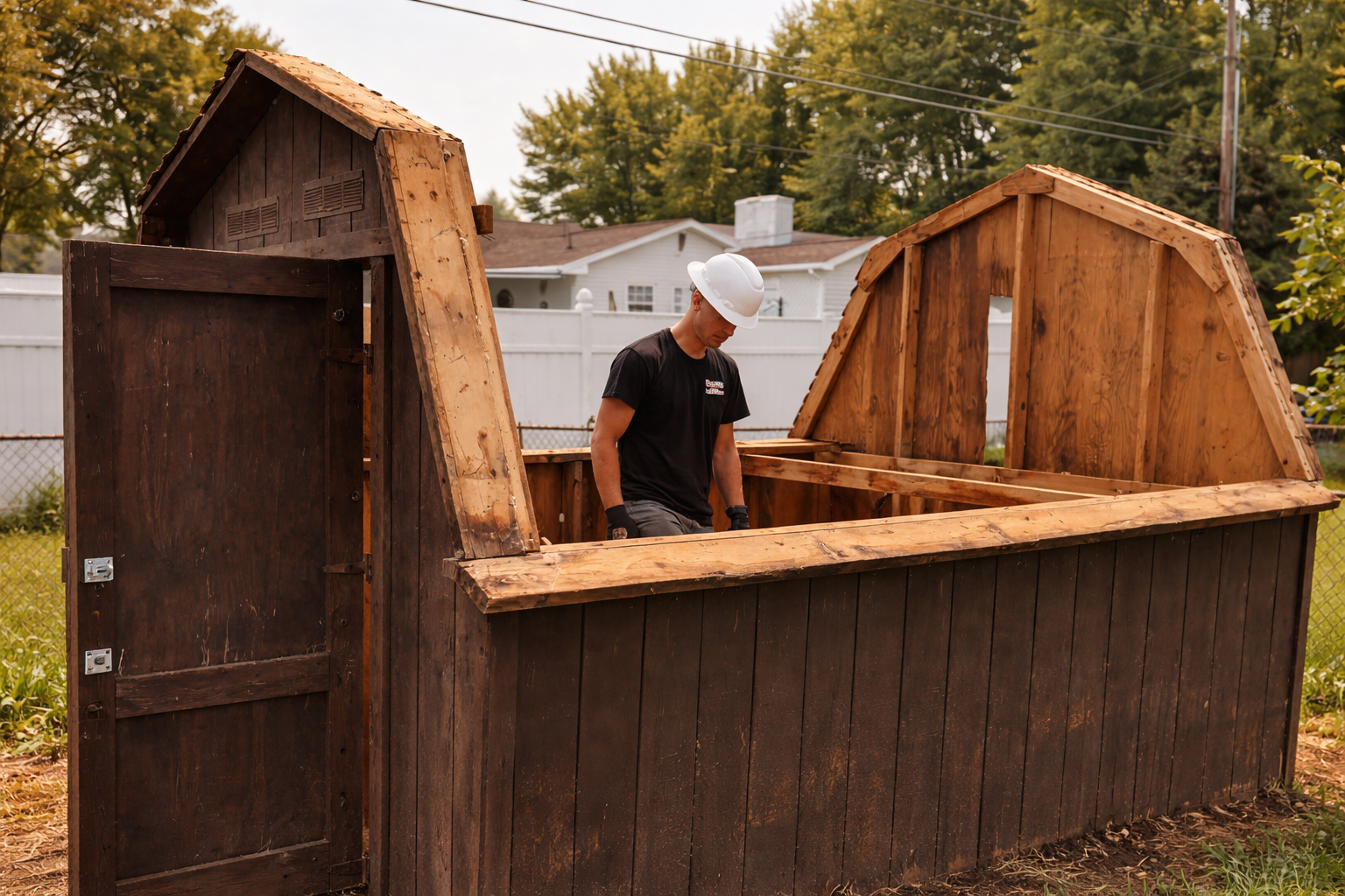 ShedPros crew removing an old wooden shed as part of site preparation before installing a new custom shed