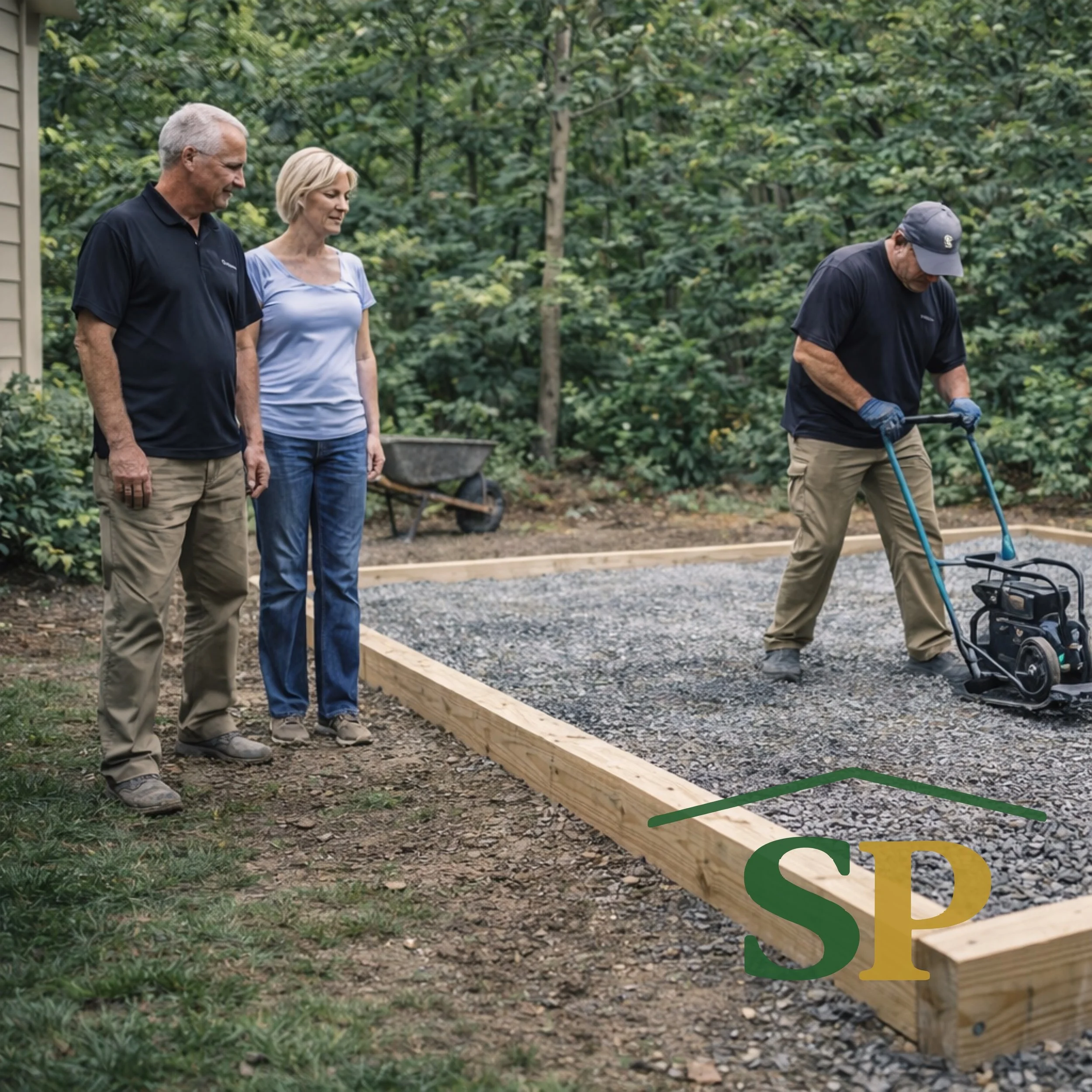 ShedPros compacting a gravel shed foundation while homeowners observe proper drainage and water management