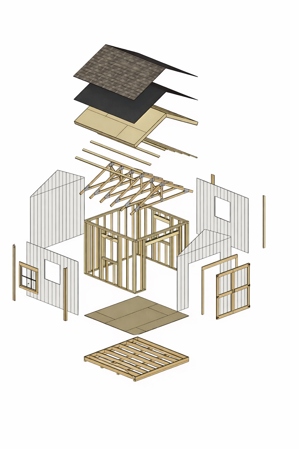 Exploded diagram showing the components of a ShedPros custom shed, including floor, framing, walls, roof, and exterior panels