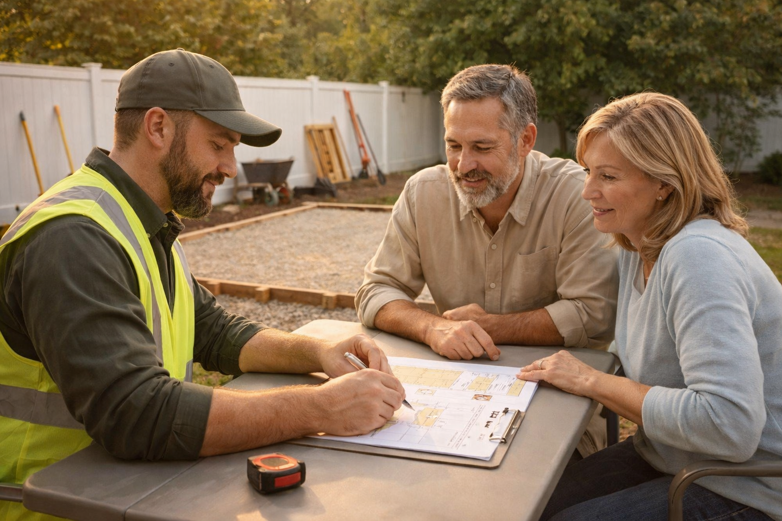 ShedPros project lead reviewing a shed site plan with homeowners at a prepared gravel pad, explaining layout, foundation, and installation steps