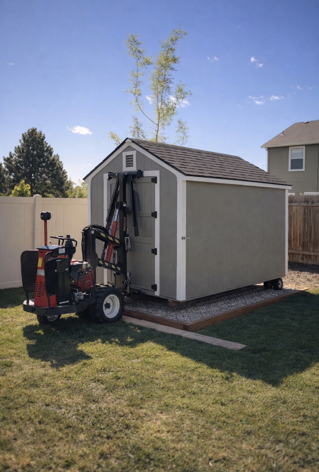 ShedPros using a powered shed mover to place a storage shed onto a prepared gravel pad with clear access planning