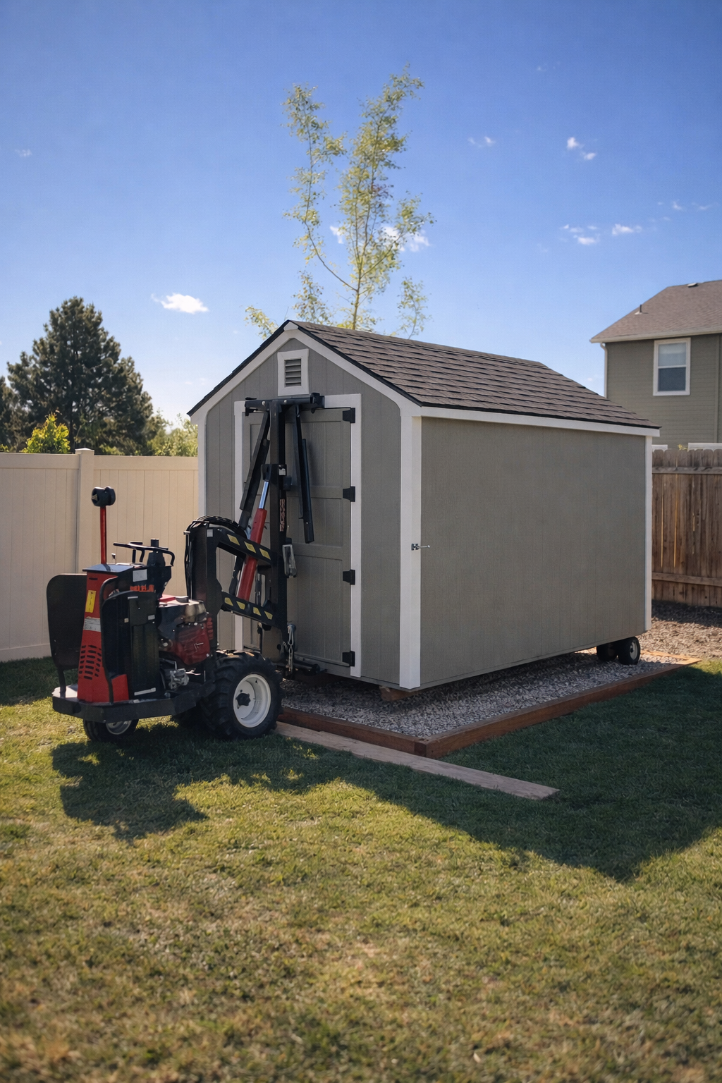 ShedPros delivering and professionally placing a custom shed on a gravel foundation using specialized equipment