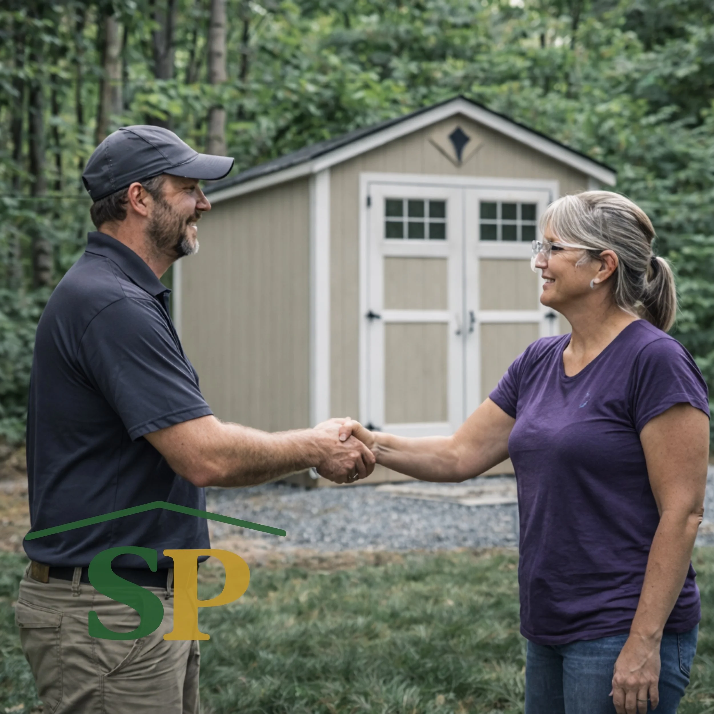 ShedPros finalizing shed project pricing and process with a homeowner in front of a completed custom shed